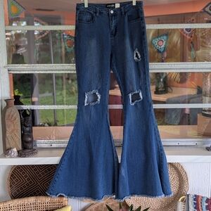 Kira Kira Large Denim Bell-bottoms Distressed Flare Jeans Blue Bohemian Hippie